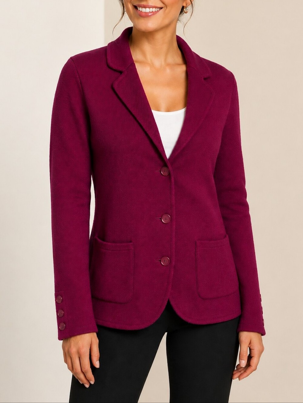 Talbots 100% Merino Wool Sweater Blazer Magenta Red Button Front Size Large